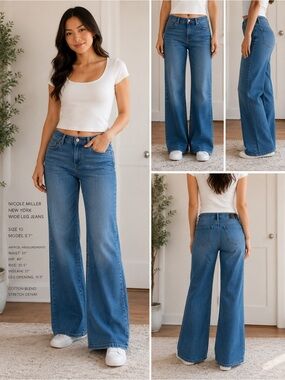 Nicole Miller New York Wide Leg Flare Jeans Size 10 Light Wash Stretch Denim